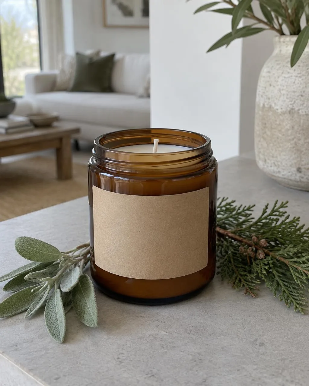 Cedar & Sage amber jar candle with kraft label