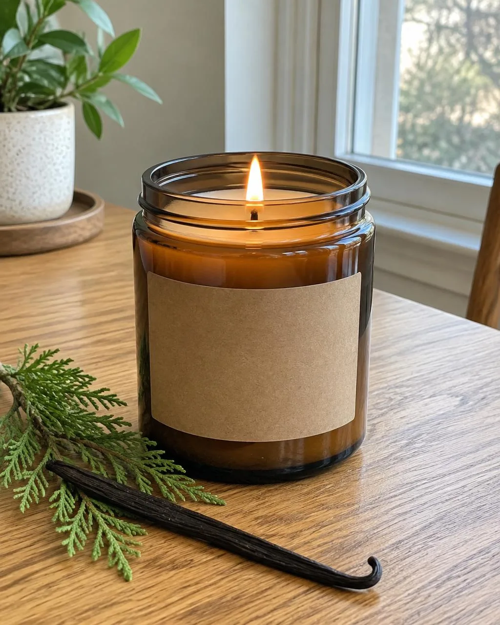 Amber glass soy candle beside cedar and vanilla