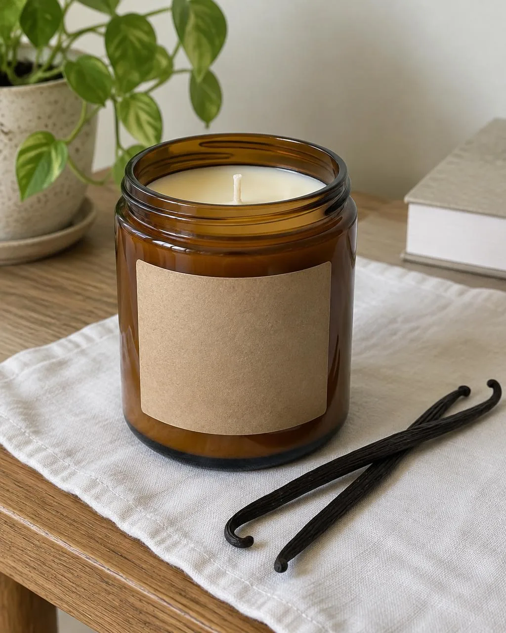 Vanilla Oak amber jar candle with kraft label