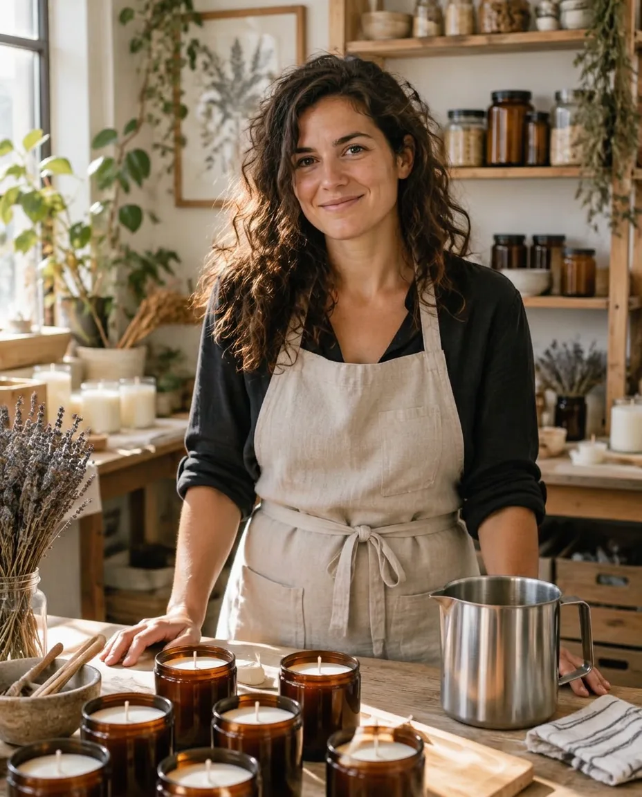 A candle maker in a sunlit artisan studio