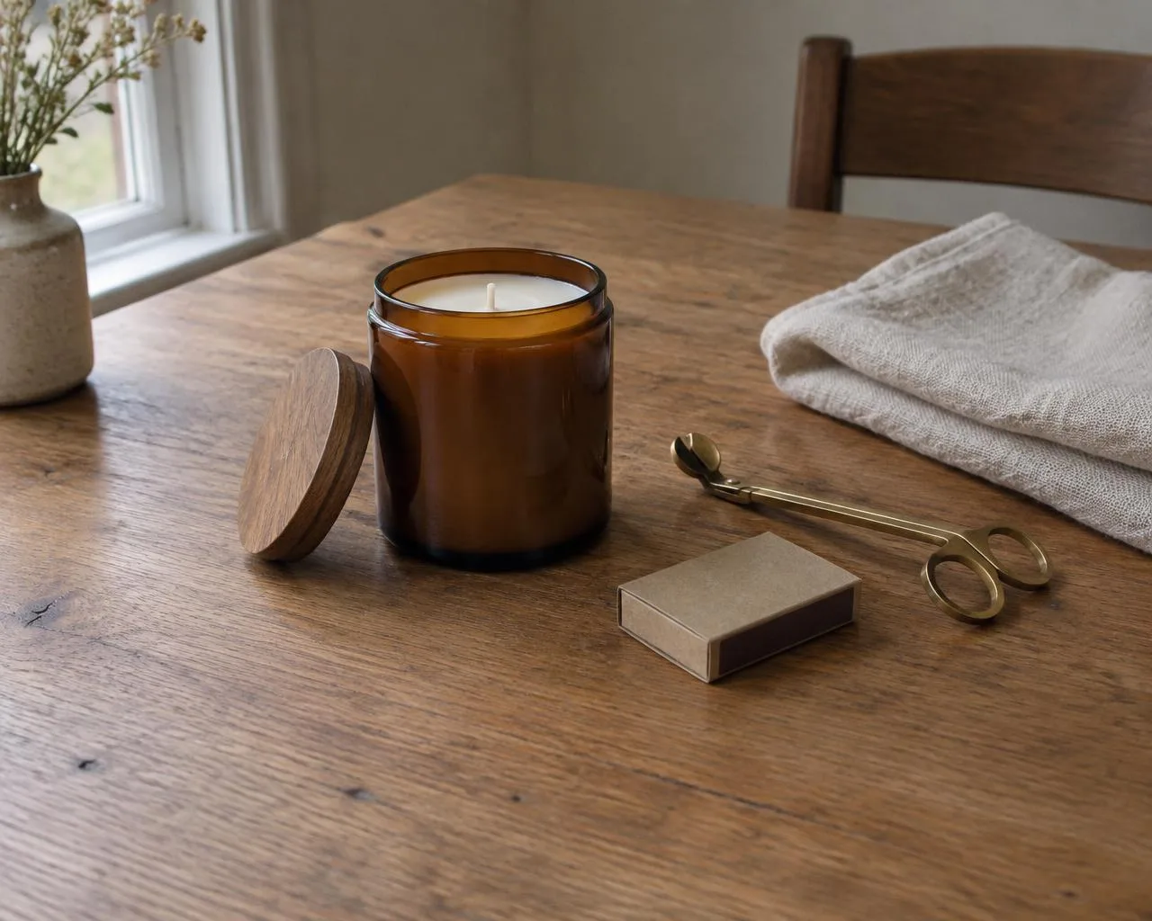 Amber candle with wooden lid, brass wick trimmer and matchbox on an oak table
