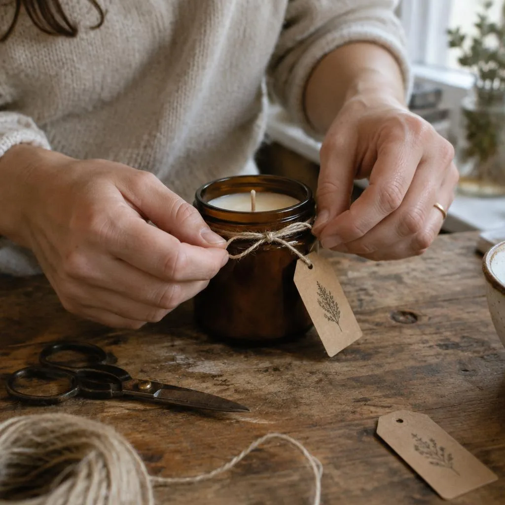 Hands tying twine around a candle with a kraft tag