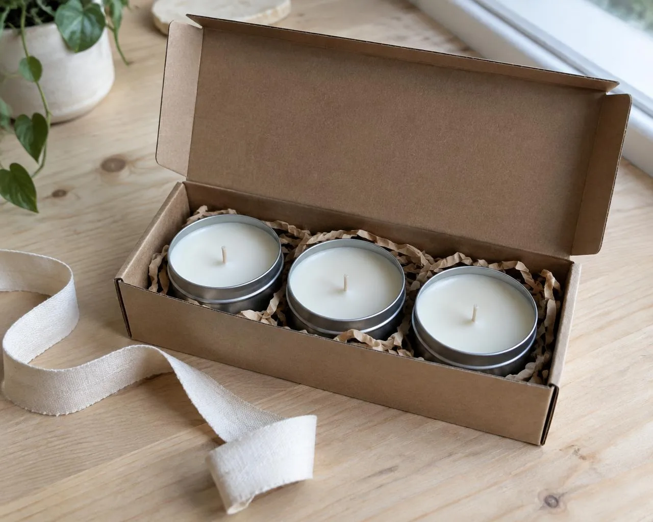Three soy travel tins in a kraft gift box