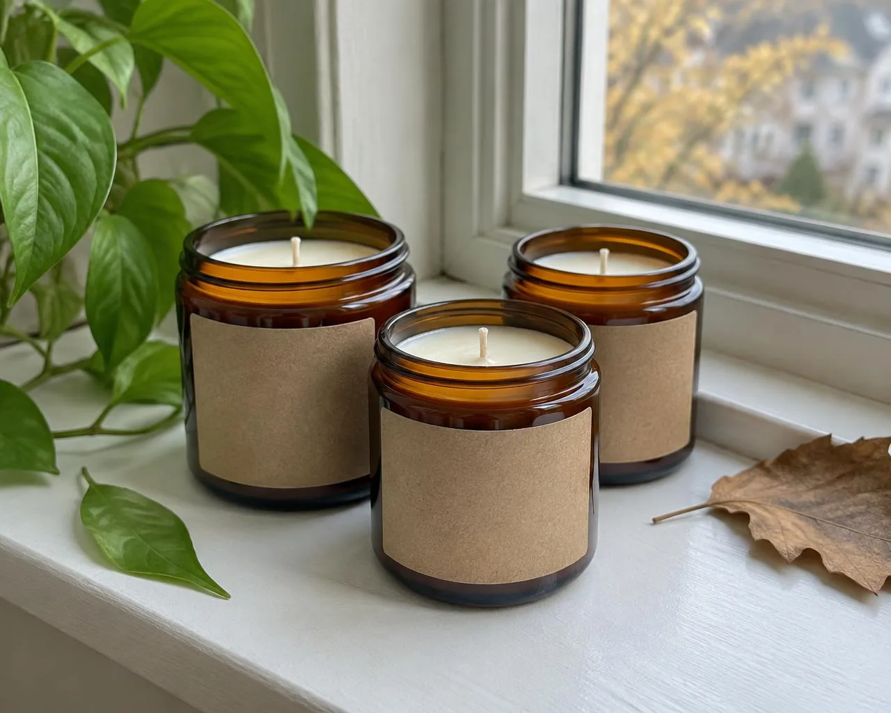 Three amber candles with seasonal foliage