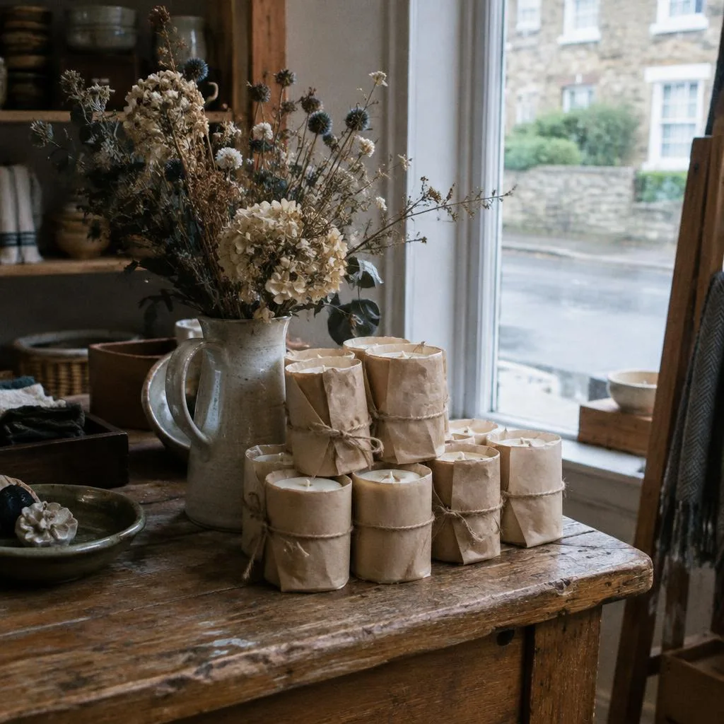 Kraft-wrapped candles stacked on a boutique counter